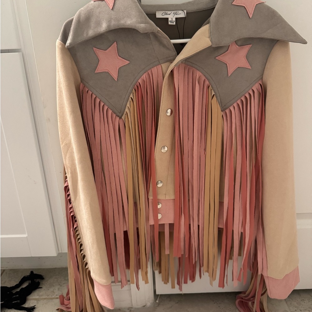Pink and Gray Fringe Jacket with Star Accents